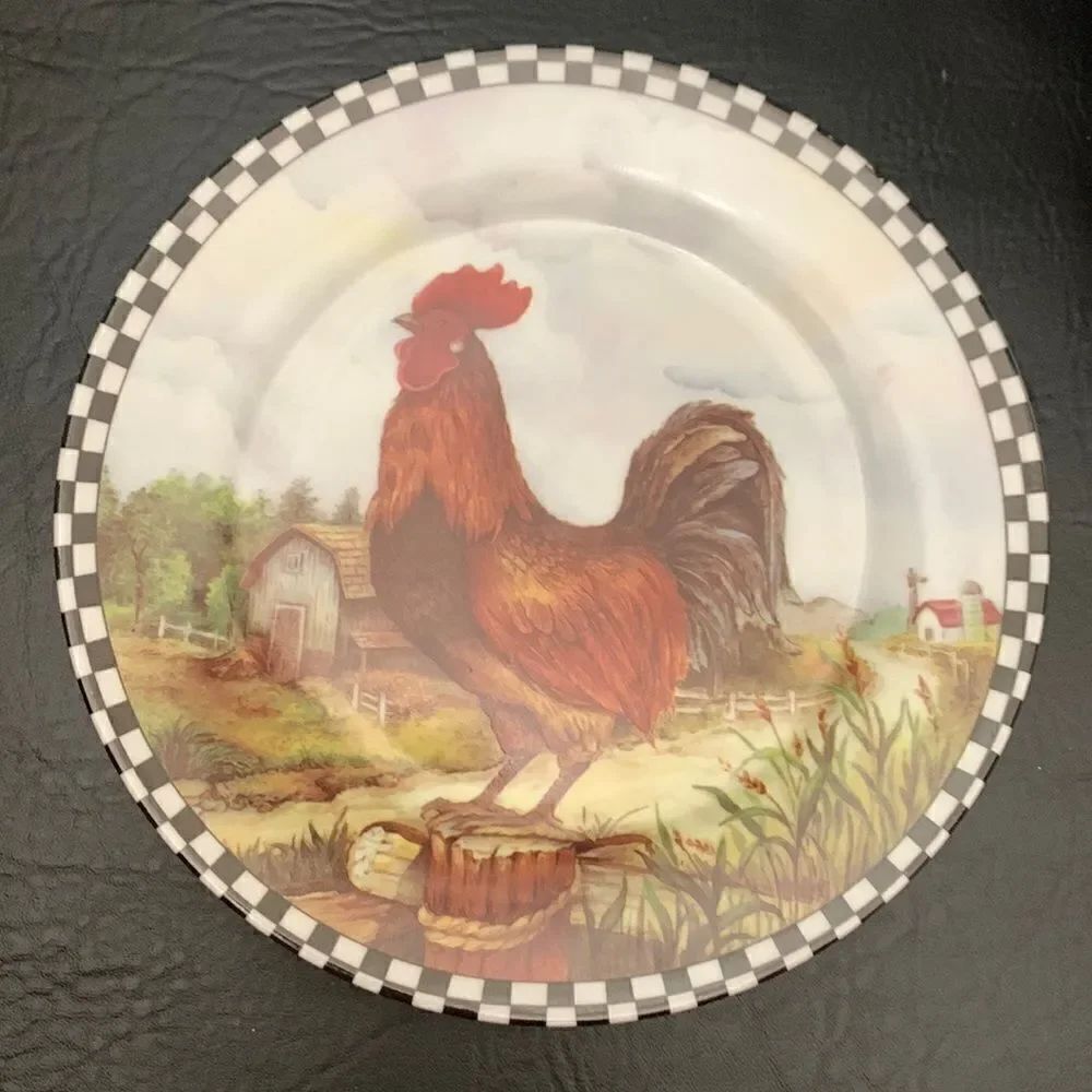 Rooster Country Farmhouse Windmill Checkerboard Trimmed 8 Inch Round Decor Only